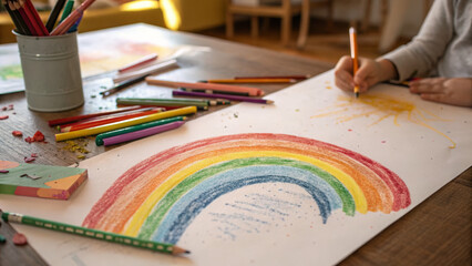 A child’s drawing of a rainbow, with the corresponding color pencils beside it.  