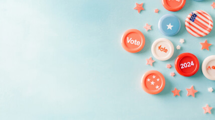 Colorful Election Buttons and Stars on Light Blue Background for 2024 Vote Campaign