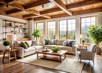 Modern Living Room with Wooden Beams, Natural Light, Stylish Interior Design