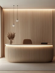 Wooden Reception Area Featuring A Modern Well Designed Desk