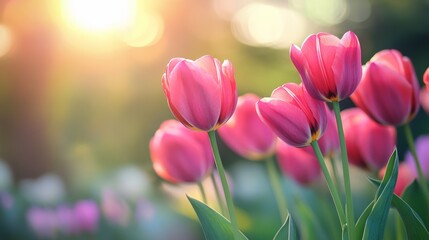 Beautiful tulips are blooming in a field with warm spring sunlight