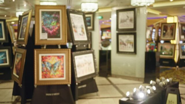 Blurry art gallery display featuring colorful framed artwork with defocused lighting creating a bokeh effect in a modern exhibition hall.