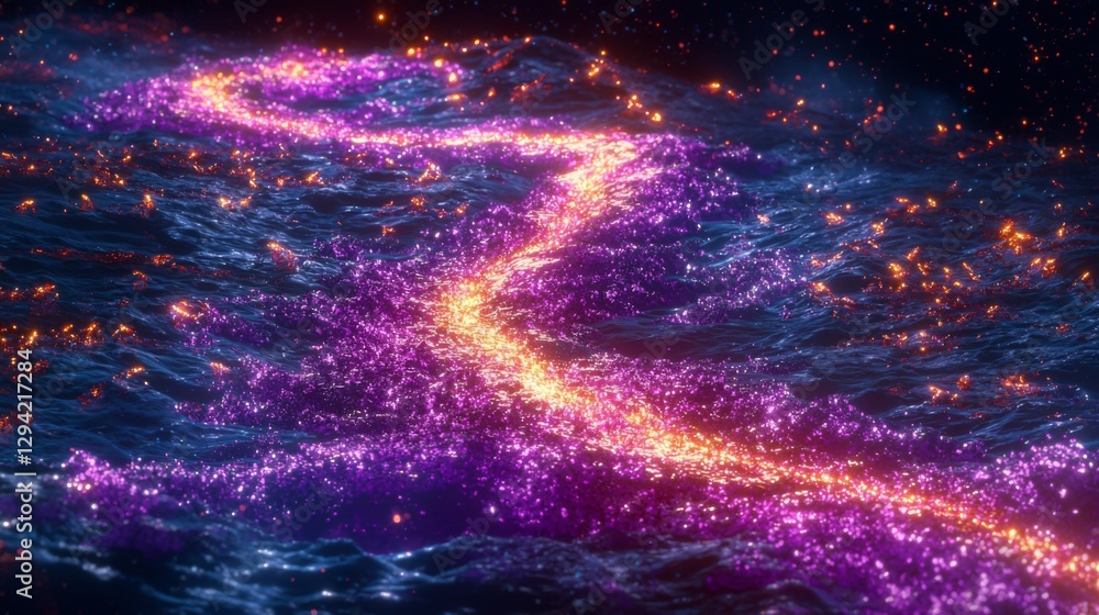 Poster illuminated cosmic pathway in vibrant colors with sparkling stars and streams of light across a dark