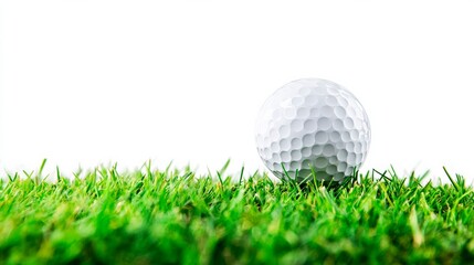 Obraz premium A pristine white golf ball rests on vibrant green grass against a clean white backdrop creating a perfect image for golf enthusiasts.