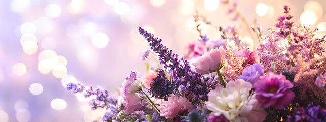A close-up shot of the floral arrangements on display at an elegant purple wedding ceremony decor
