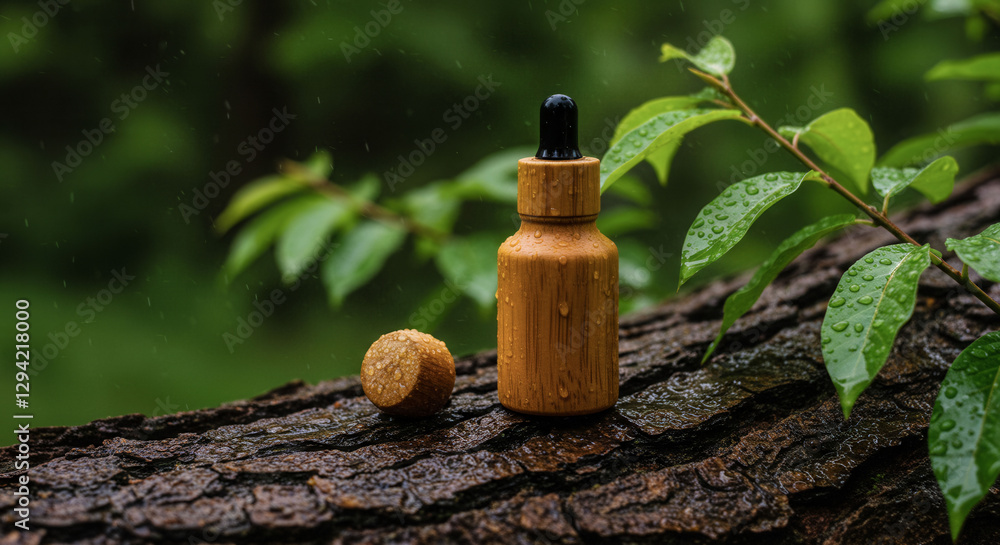 Poster a bottle of medicine is sitting on a log in the rain. the bottle is open and the cap is missing. the