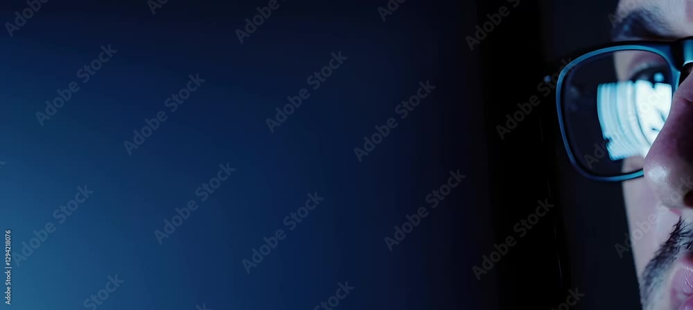 Poster reflections of digital data in glasses with abstract neon background