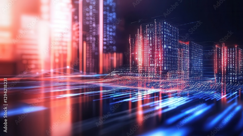 Poster dynamic big data flow in cyber network futuristic cityscape abstract