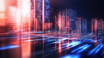 Dynamic big data flow in cyber network futuristic cityscape abstract