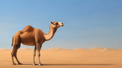 camel with joyful expression stands in vast desert landscape, showcasing its unique features and serene environment