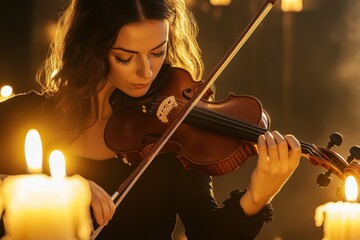 Fototapeta premium Woman playing violin in a candlelit setting during an intimate evening gathering