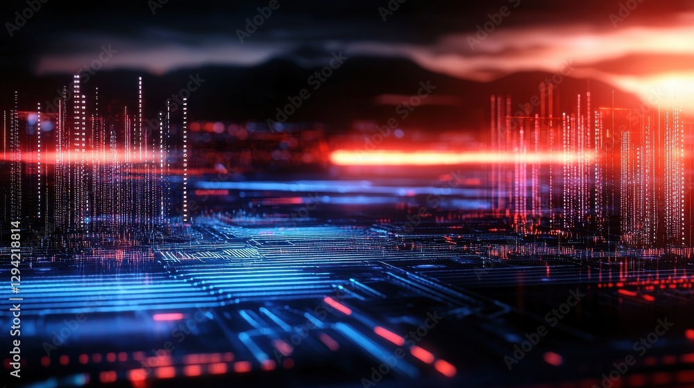 Aufkleber big data flow and cyber network in futuristic landscape visualization