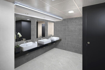 3D Render of a Contemporary Bathroom with Gray Tiling and Modern Dual Sinks