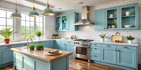 Modern Pastel Blue Kitchen with White Subway Tile Backsplash - Stock Photo