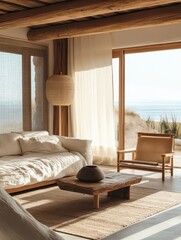 Fototapeta premium A minimalist coastal apartment featuring an open living space