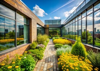 Obraz premium Modern Rooftop Garden with Stepping Stones, Lush Greenery, Yellow Flowers, Brick Architecture