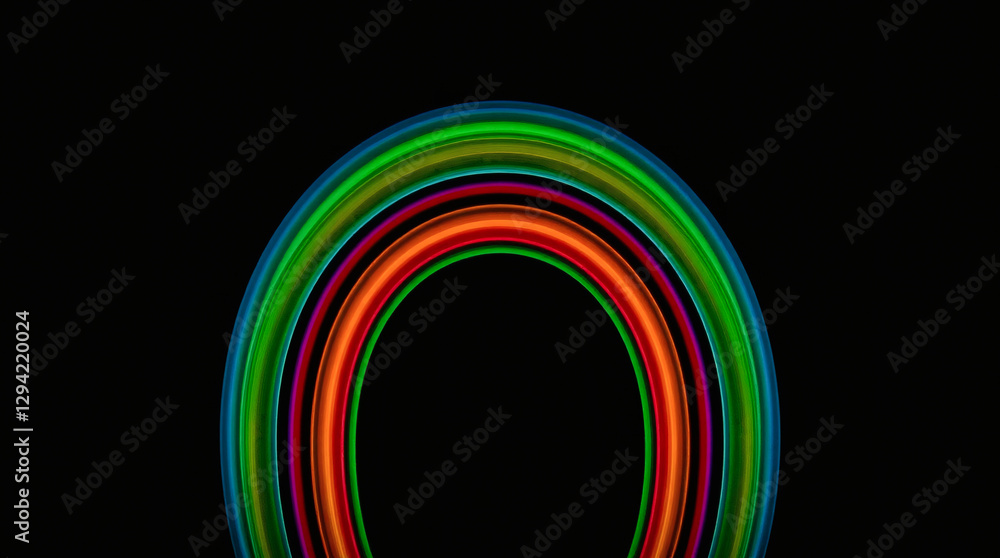 Poster vibrant neon rainbow arcs over a dark background creating a mesmerizing visual effect. generative ai