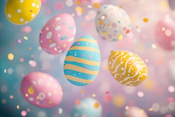 Whimsical Floating Easter Eggs with Colorful Confetti – Festive Holiday Celebration, Bright and Cheerful Springtime Scene for Easter-Themed Designs Background