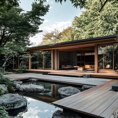 A modern open air house next to a peaceful pond