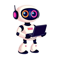 Cute robot working on laptop ,transparent background