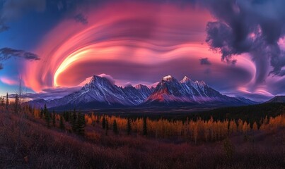 Obraz premium Pink sky envelopes mountains, autumn landscape below.