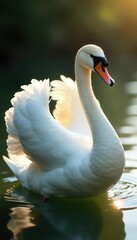 Fototapeta premium A pristine swan in gentle sunlight, wings fully extended , golden light, fauna, waterfowl