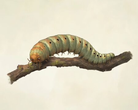 Inch Worm. Crawling Caterpillar on Pretty Tree Branch in Nature