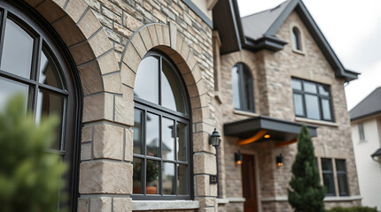 Fototapeta premium Elegant Stone House with Classic Arch Windows.Luxury Home Exterior, Modern Architecture, Real Estate