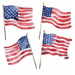 Obraz premium A vibrant collection of American flags, featuring a watercolor style. Perfect for patriotic themes and celebrations.