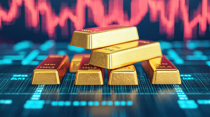 Piles of gold bars on financial charts with fluctuating market trends