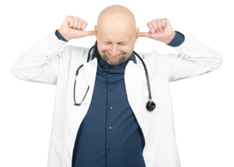 Doctor Covering His Ears with a Frustrated Expression