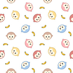 Face monkey cartoon so cute. On banana white background. Pattern seamless vector illustration. 