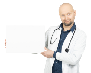 Doctor Holding and Pointing at Blank Signboard