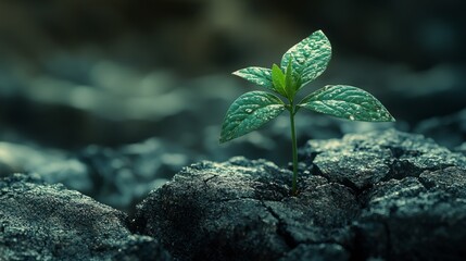 Seedling sprouting from cracked concrete, symbolizing resilience and growth, new beginnings, determination, close-up, soft light