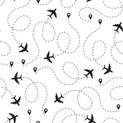 Vector seamless pattern with airplanes, dashed flight paths, and location pins. Simple black and white design.