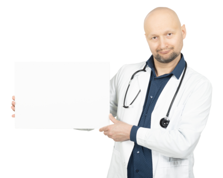 Doctor Holding and Pointing at Blank Signboard