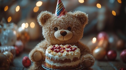 Smiling teddy bear, birthday hat, cake