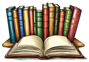 Stacked books with open book, education, library