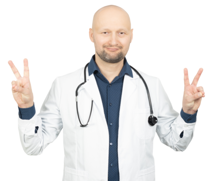 Doctor Smiling and Showing Victory Gesture