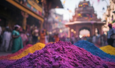vibrant scene of the Holi festival celebration, with people playing and throwing colorful powder in the streets of India