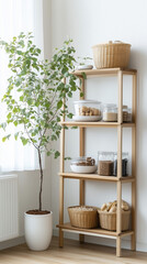 Minimalist grocery store display with wooden shelves, jars, and plants. Promotes zero waste lifestyle with natural elements and organized storage