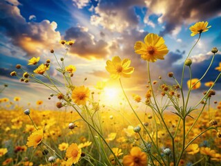 Fototapeta premium Dreamy Double Exposure: Sunlit Yellow Flower Field & Sky