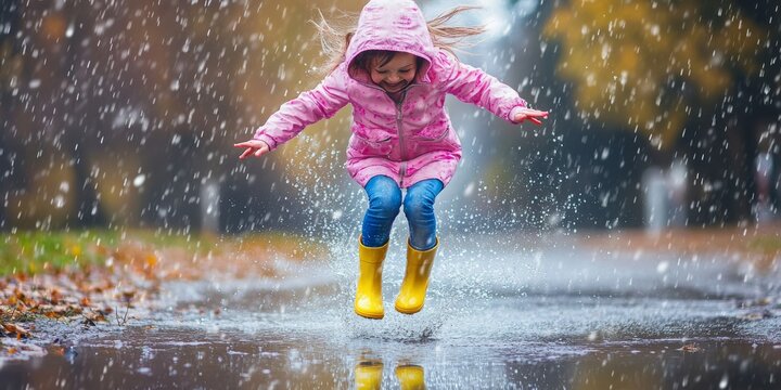 A little girl wearing bright yellow rain boots is joyfully jumping in a puddle
