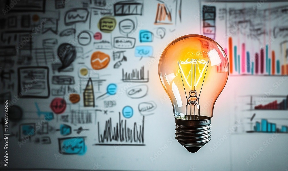 Poster bright idea for innovative strategies: a glowing light bulb illuminates a backdrop of sketched busin