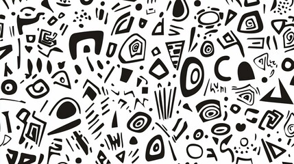 Abstract black and white geometric pattern with various shapes and symbols.