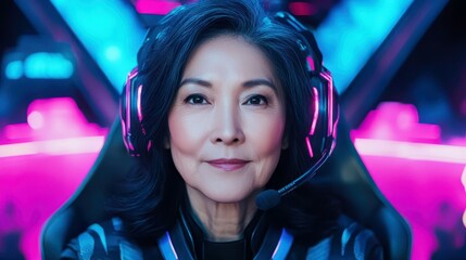 Cyber-Gamer Grandma: A vibrant portrait of an elderly woman embracing the digital age, gaming in a futuristic setting with professional headset. Capture the modern, tech-savvy.