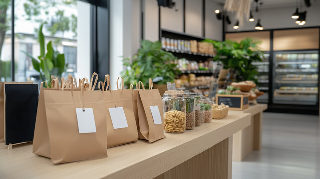 Minimalist grocery store promoting zero waste with eco friendly packaging, showcasing various products in jars and bags. clean, modern design enhances shopping experience