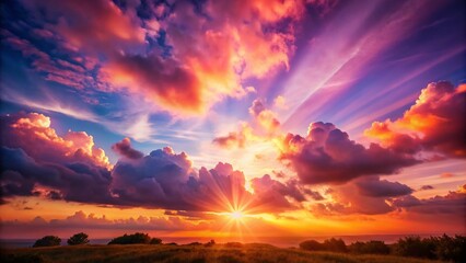 Dreamy Pink Sunset Silhouette: Glowing Sun, White Clouds