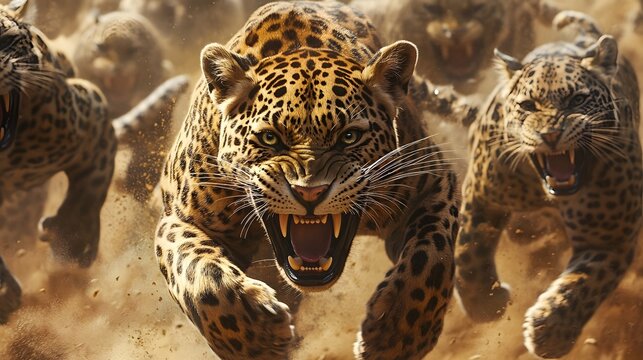 Angry leopards running through a crowd, highlighting dynamic and intense wildlife action