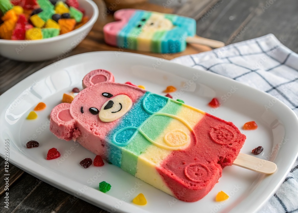 Poster A vibrant and colorful display of gummy bear popsicles, each with a distinct color palette ranging from red, blue, yellow, and green. The popsicles are presented on a white plate, accompanied by a bow